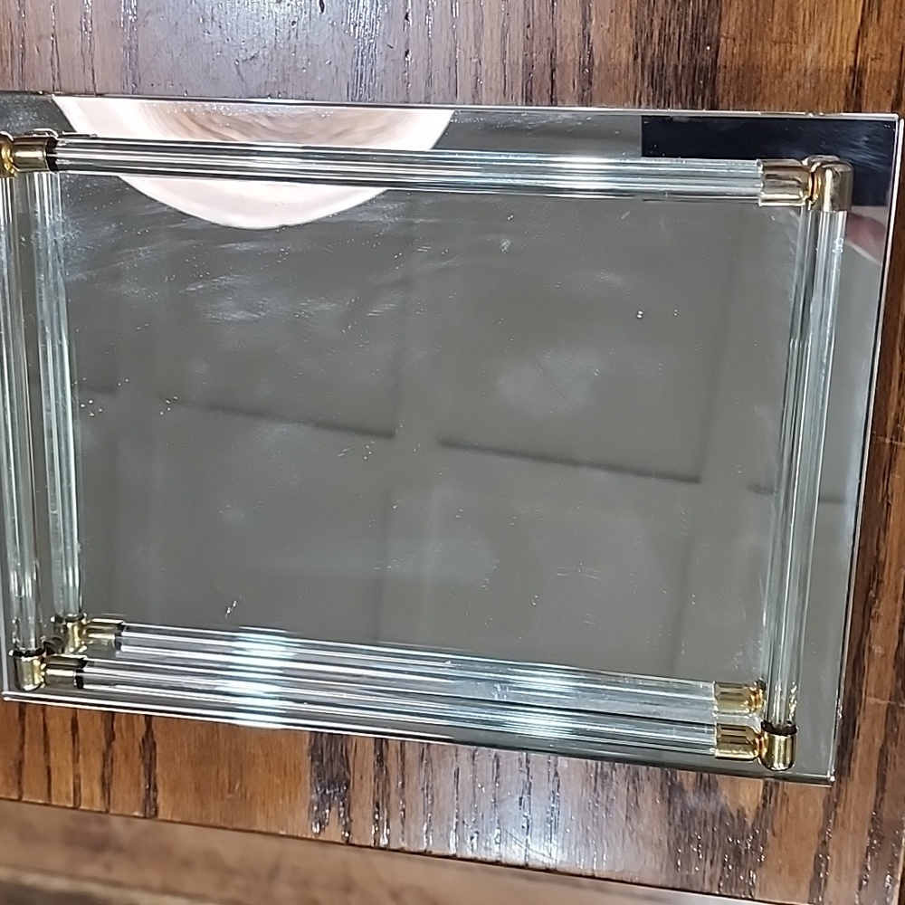 Vintage mirror vanity tray lucite rod gold hardware art deco feet mcm